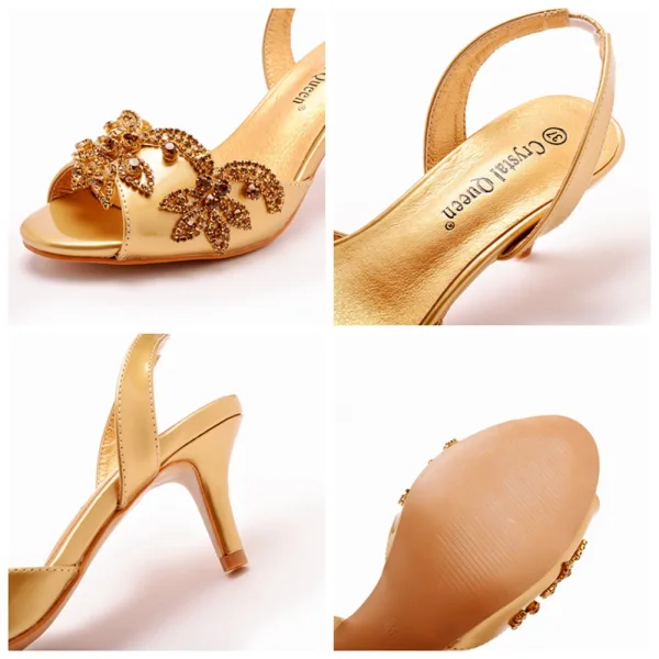 Charmant Gold Abend Strass Sandalen Damen 2023 6 cm Stilettos Peeptoes Sandaletten Hochhackige