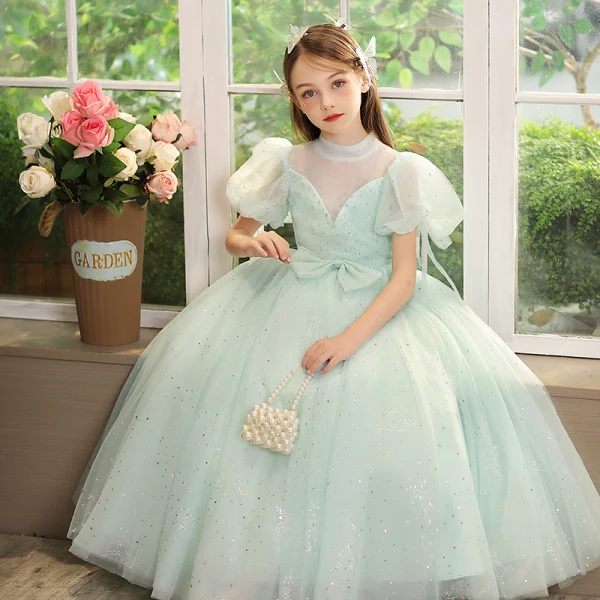 Chic / Belle Vert Cendré Paillettes Noeud Anniversaire Robe Ceremonie Fille 2024 Robe Boule Col Haut Gonflée Manches Courtes Longue