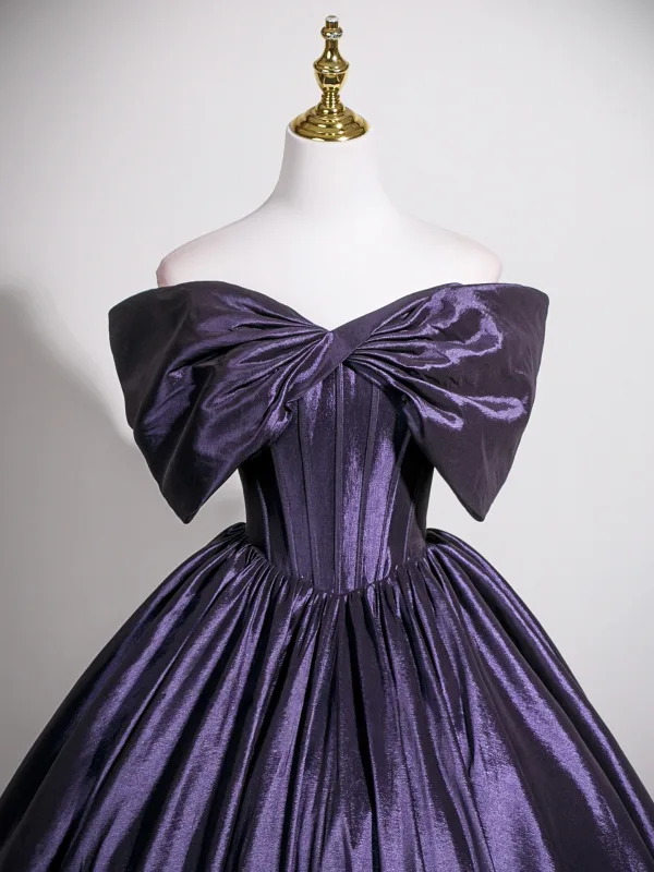 Vintage / Retro Purple Prom Dresses 2025 Ball Gown Bow Off-The-Shoulder Short Sleeve Backless Floor-Length / Long Formal Dresses