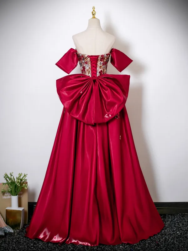 Chic / Beautiful Burgundy Sequins Prom Dresses 2025 A-Line / Princess Strapless Sleeveless Backless Bow Floor-Length / Long Formal Dresses