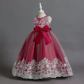 Élégant Bordeaux Anniversaire En Dentelle Fleur Robe Ceremonie Fille 2023 Princesse Encolure Dégagée Sans Manches Noeud Ceinture Longue Robe Ceremonie Fille