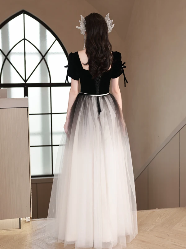 Fashion Black Rhinestone Prom Dresses 2024 A-Line / Princess Square Neckline Short Sleeve Backless Bow Sash Floor-Length / Long Prom Formal Dresses