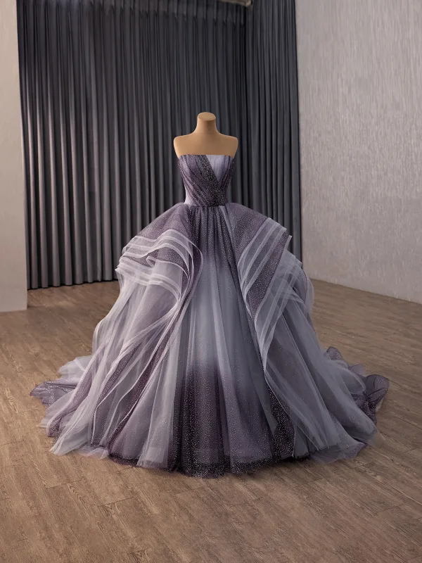 Sparkly High-end Purple Cascading Ruffles Star Sequins Prom Dresses 2026 Ball Gown Strapless Sleeveless Backless Chapel Train Formal Dresses