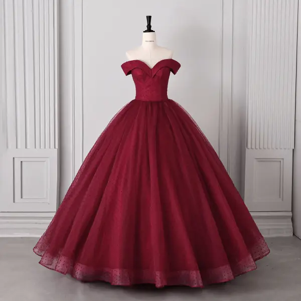 Vintage / Retro Burgundy Spotted Prom Dresses 2026 Ball Gown Off-The-Shoulder Short Sleeve Backless Floor-Length / Long Formal Dresses