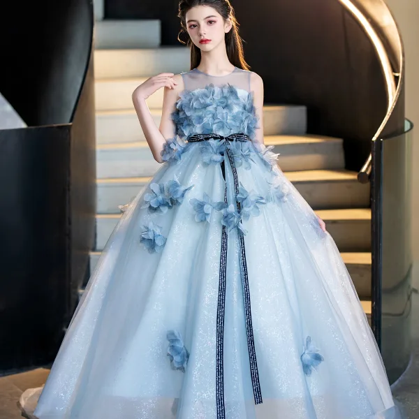 Flower Fairy Sky Blue Appliques Bow Sash Birthday Flower Girl Dresses 2025 Ball Gown Scoop Neck Sleeveless Sweep Train