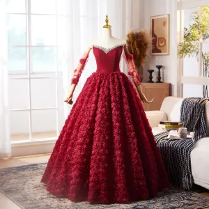 Fée Des Fleurs Bordeaux Faux Diamant Appliques Robe De Bal 2025 Robe Boule Bustier Sans Manches Longue Robe De Ceremonie