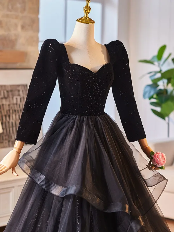 Audrey Hepburn Style Black Glitter Prom Dresses 2024 Ball Gown Square Neckline Long Sleeve Backless Floor-Length / Long Prom Formal Dresses