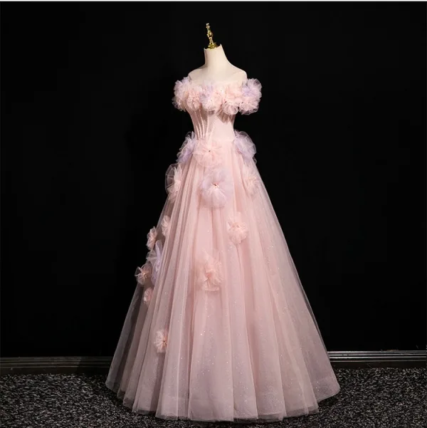 Chic / Beautiful Blushing Pink Appliques Pearl Prom Dresses 2025 A-Line / Princess Off-The-Shoulder Short Sleeve Backless Floor-Length / Long Prom Formal Dresses