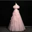 Chic / Beautiful Blushing Pink Appliques Pearl Prom Dresses 2025 A-Line / Princess Off-The-Shoulder Short Sleeve Backless Floor-Length / Long Prom Formal Dresses