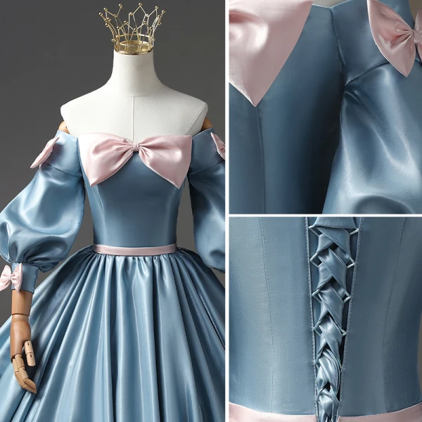 Lovely Pool Blue Bow Prom Dresses 2023 Ball Gown Off-The-Shoulder Short Sleeve Backless Floor-Length / Long Prom Formal Dresses