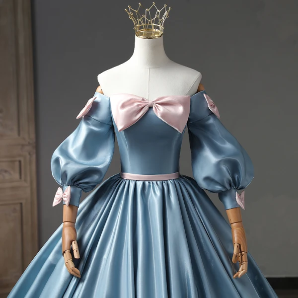 Lovely Pool Blue Bow Prom Dresses 2023 Ball Gown Off-The-Shoulder Short Sleeve Backless Floor-Length / Long Prom Formal Dresses