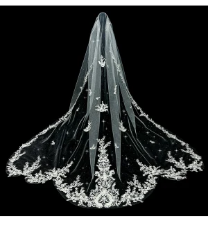 Sparkly White Glitter Lace Flower Feather Wedding Veils 2024 3 5 M Tulle Chapel Train Wedding