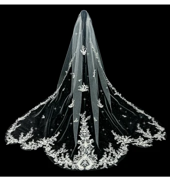 Sparkly White Glitter Lace Flower Feather Wedding Veils 2024 3 5 M Tulle Chapel Train Wedding