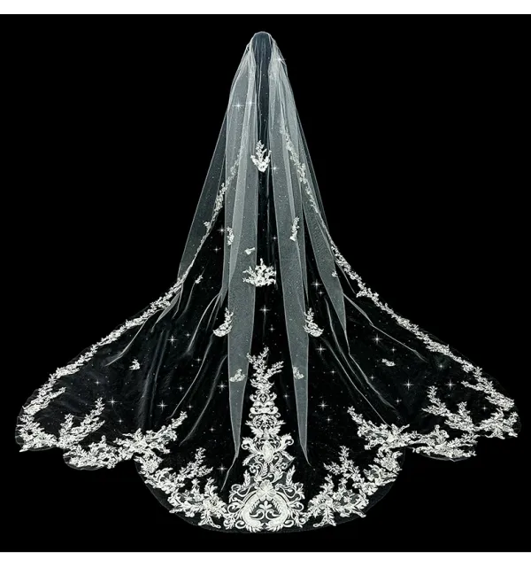 Sparkly White Glitter Lace Flower Feather Wedding Veils 2024 3.5 m Tulle Chapel Train Wedding