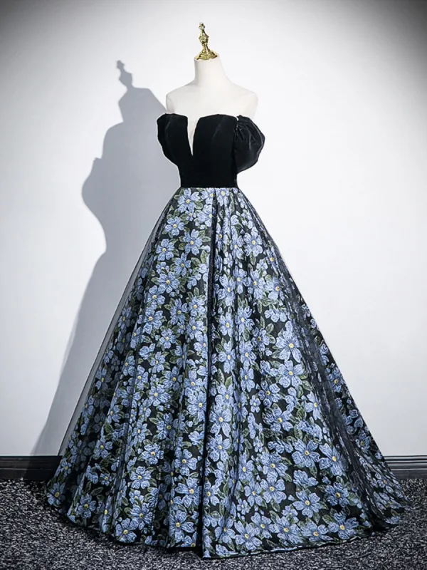 Elegant Black Floral Prom Dresses 2025 Ball Gown Off-The-Shoulder Short Sleeve Backless Floor-Length / Long Prom Formal Dresses