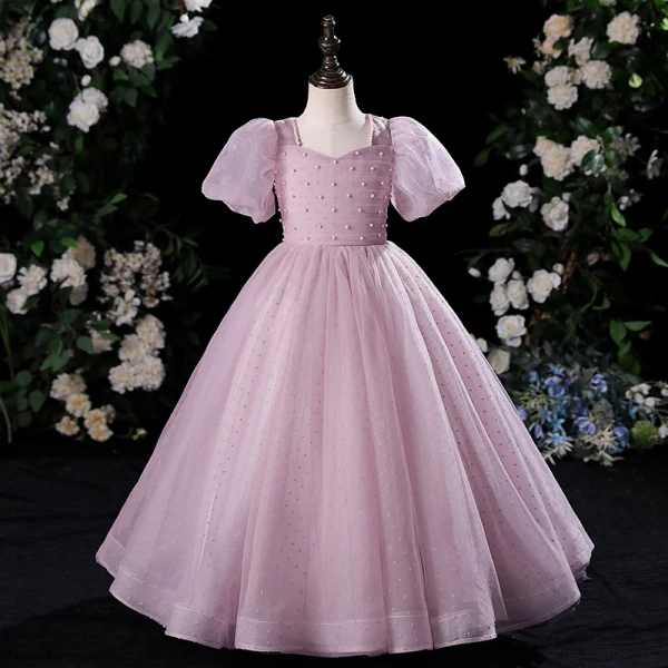 Modest / Simple Sage Green Pearl Birthday Flower Girl Dresses 2024 Ball Gown Square Neckline Short Sleeve Floor-Length / Long