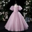 Modest / Simple Sage Green Pearl Birthday Flower Girl Dresses 2024 Ball Gown Square Neckline Short Sleeve Floor-Length / Long