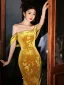 Chinese style Gold Velvet Split Front Prom Dresses 2024 Trumpet / Mermaid Off-The-Shoulder Sleeveless Backless Floor-Length / Long Prom Formal Dresses