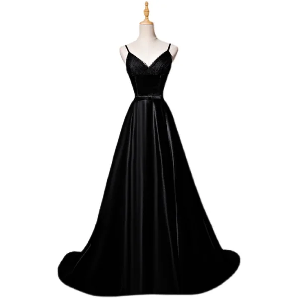 Elegant Black Satin Prom Dresses 2022 A-Line / Princess Spaghetti Straps Bow Sash Sleeveless Backless Floor-Length / Long Prom Formal Dresses