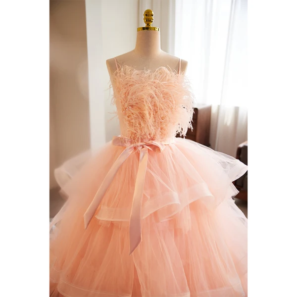 Charmant Rougissant Rose Volants en Cascade Robe De Bal 2023 Robe Boule Bretelles Spaghetti Gland Sans Manches Perle Noeud Ceinture Dos Nu Tribunal Train Robe De Ceremonie