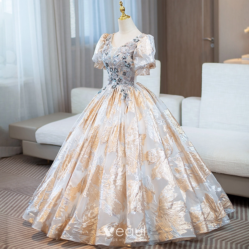open lace back dress A Line V Neck Lilac/Gold Lace Floral Long Prom Dresses, Purple/Gold La –  morievent main image 1