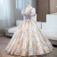 Elegant Rhinestone Sequins Lace Flower Gold Prom Dresses 2024 Ball Gown V-Neck Short Sleeve Backless Floor-Length / Long Formal Dresses