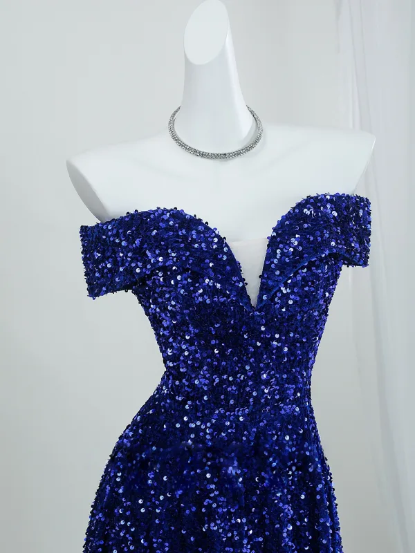 Vintage Glitzernden Marineblau Pailletten Abendkleider 2026 A Linie Off Shoulder Kurze Ärmel Rückenfreies Sweep / Pinsel Zug Festliche Kleider
