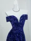 Vintage Glitzernden Marineblau Pailletten Abendkleider 2026 A Linie Off Shoulder Kurze Ärmel Rückenfreies Sweep / Pinsel Zug Festliche Kleider