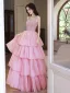 Charmant Rougissant Rose Volants en Cascade Paillettes Robe De Bal 2023 Princesse Bretelles Spaghetti Sans Manches Dos Nu Longue Robe De Ceremonie