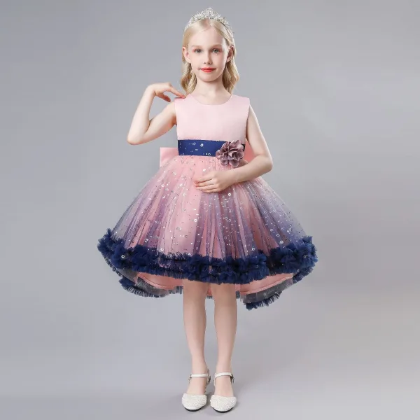 Chic / Beautiful Champagne Appliques Sequins Birthday Flower Girl Dresses 2023 A-Line / Princess Scoop Neck Sleeveless Bow Short Flower Girl Dresses