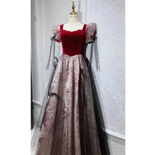 Elegant Burgundy Suede Prom Dresses 2023 A-Line / Princess Square Neckline Short Sleeve Backless Floor-Length / Long Prom Formal Dresses