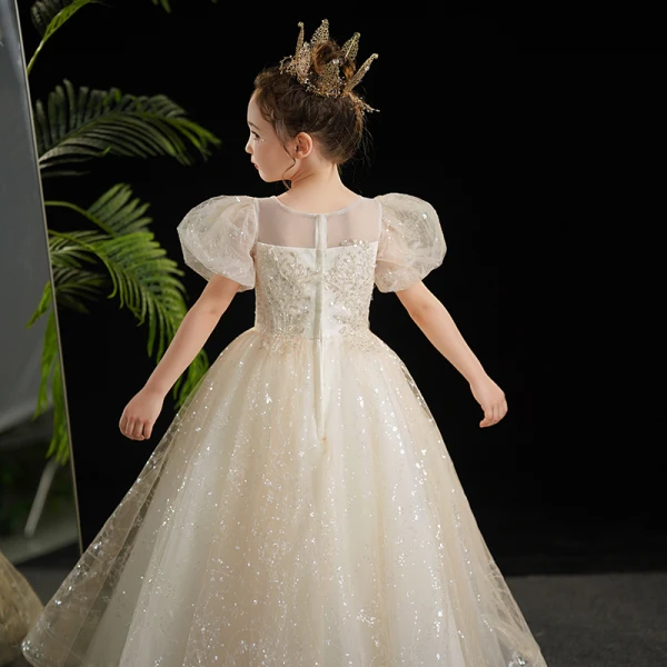 Bling Bling Beading Champagne Pearl Sequins Flower Girl Dresses 2024 Ball Gown Birthday Scoop Neck Puffy Short Sleeve Floor-Length / Long