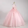 Lovely Blushing Pink Beading Sequins Prom Dresses 2023 Ball Gown Pearl Spaghetti Straps Sleeveless Backless Floor-Length / Long Prom Formal Dresses