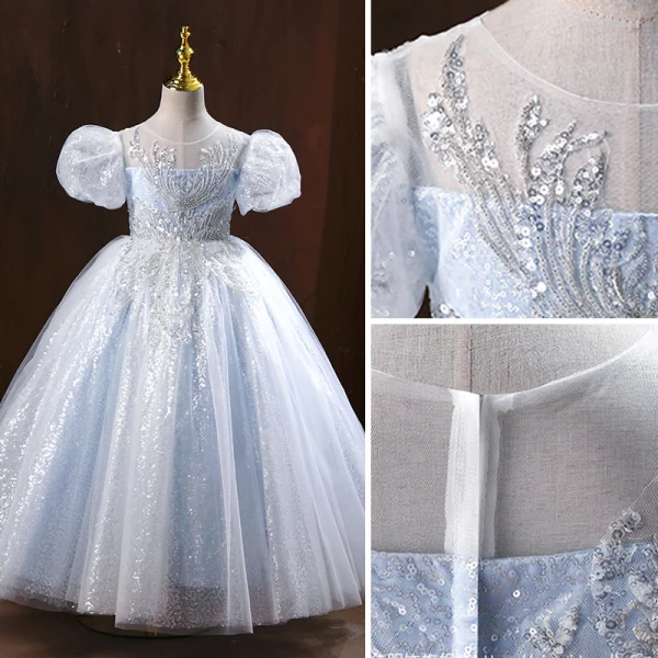 Bling Bling Silver Beading Sequins Flower Girl Dresses Ball Gown 2022 Scoop Neck Puffy Short Sleeve Floor-Length / Long Prom Flower Girl Dresses