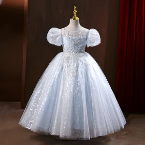 Bling Bling Sølv Beading Paljetter Blomsterpikekjoler Ballkjole 2022 Scoop Halsen Puffy Korte Ermer Lange Ball Blomsterpikekjoler