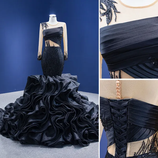 High-end Black Beading Rhinestone Sequins Evening Dresses 2022 Trumpet / Mermaid Scoop Neck Long Sleeve Cascading Ruffles Royal Train Evening Party Formal Dresses