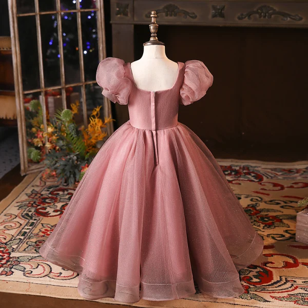 Chic / Belle Rougissant Rose Anniversaire Robe Ceremonie Fille 2024 Robe Boule Encolure Carrée Gonflée Manches Courtes Dos Nu Longue