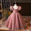 Chic / Belle Rougissant Rose Anniversaire Robe Ceremonie Fille 2024 Robe Boule Encolure Carrée Gonflée Manches Courtes Dos Nu Longue
