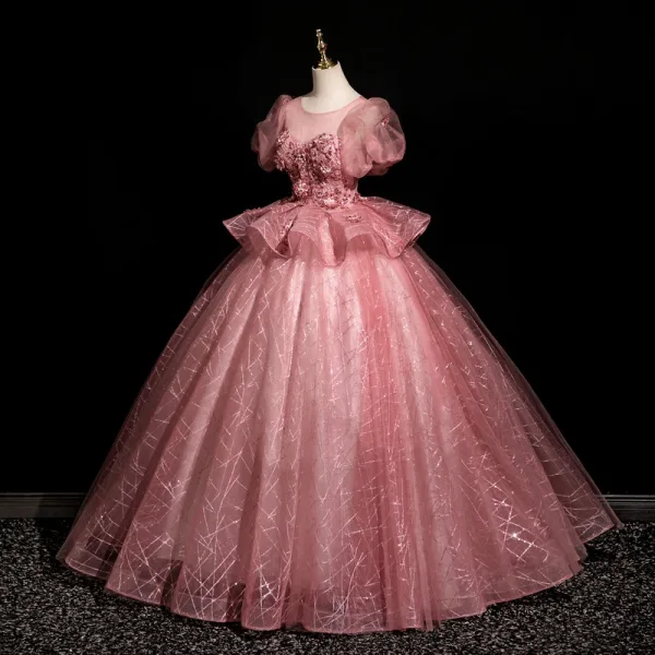 Elegant Blushing Pink Sequins Lace Flower Prom Dresses 2025 Ball Gown Scoop Neck Short Sleeve Backless Floor-Length / Long Prom Formal Dresses