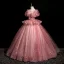 Elegant Blushing Pink Sequins Lace Flower Prom Dresses 2025 Ball Gown Scoop Neck Short Sleeve Backless Floor-Length / Long Prom Formal Dresses
