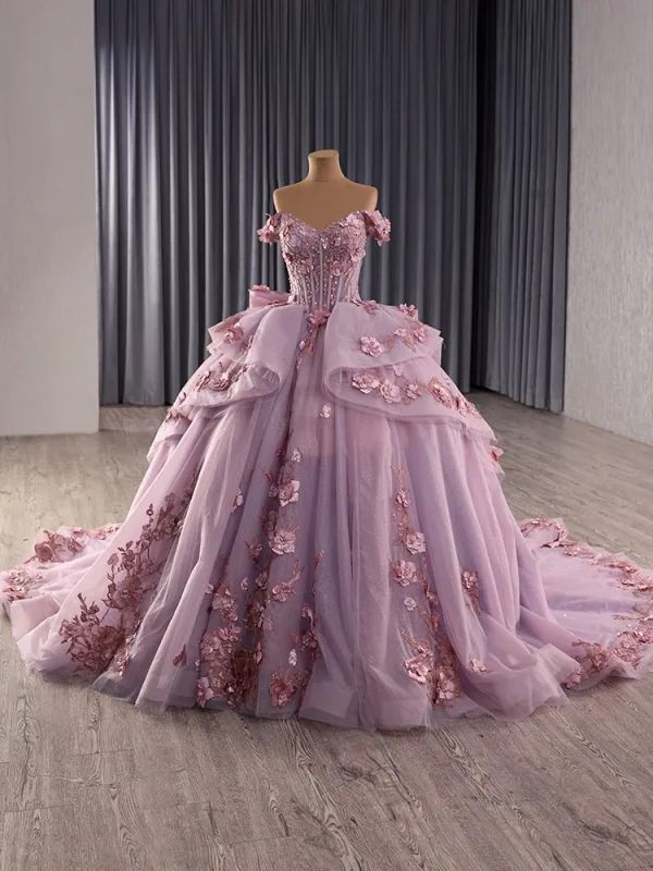 Luxury / Gorgeous Flower Fairy Purple Handmade  Beading Pearl Sequins Lace Flower Appliques Prom Dresses 2025 Ball Gown Off-The-Shoulder Sleeveless