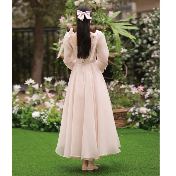 Modest / Simple Blushing Pink Bridesmaid Dresses 2022 A-Line / Princess Backless Bow Floor-Length / Long Bridesmaid Wedding Party Dresses