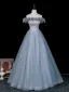 Elegante Himmelblau Applikationen Lange Ballkleider 2026 Ballkleid Off Shoulder Kurze Ärmel Rückenfreies Festliche Kleider