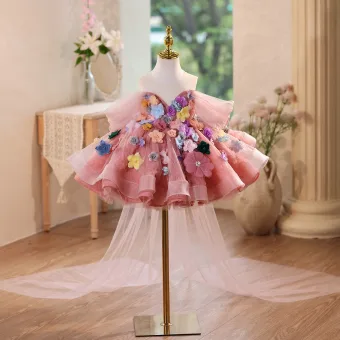 Bloemenfee Candy Roze Parel Appliques Korte Verjaardag Bloemenmeisjes Jurken 2025 Baljurk Uit De Schouder Korte Mouwen Ruglooze Strik Tule