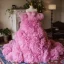 Exaggerated Fuchsia Cascading Ruffles Prom Dresses 2024 Ball Gown Off-The-Shoulder Puffy Short Sleeve Backless Chapel Train Prom Formal Dresses