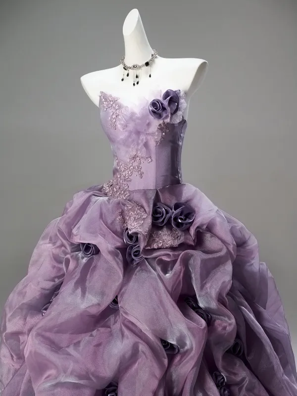 Luxury / Gorgeous Fashion Purple Pearl Lace Flower Appliques Ruffle Prom Dresses 2026 Ball Gown Strapless Sleeveless Backless Sweep Train