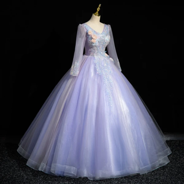 Chic / Beautiful Lavender Beading Sequins Appliques Prom Dresses 2023 Ball Gown V-Neck Long Sleeve Backless Floor-Length / Long Prom Formal Dresses