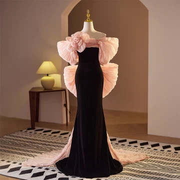 Sexy Noire Noeud Robe De Soirée 2024 Trompette Sirène De L Épaule Manches Courtes Dos Nu Train De Balayage Soirée Robe De Ceremonie