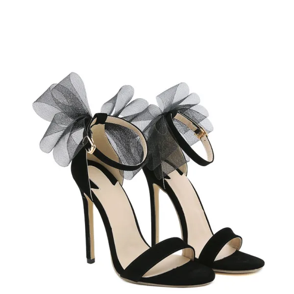 Sexy Schwarz Cocktail Sandalen Damen 2022 Knöchelriemen Schleife 11 cm Stilettos Peeptoes Hochhackige Sandaletten