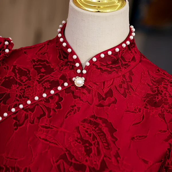 Vintage / Retro Burgundy Pearl Lace Flower Prom Dresses 2022 A-Line / Princess High Neck Puffy Short Sleeve Floor-Length / Long Backless Formal Dresses